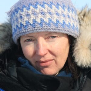 Geraldine Gsborne portrait wearing inuit crochet hat and arctic jacket